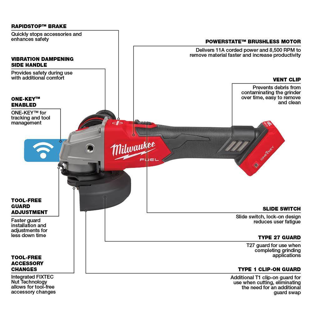 MW M18 FUEL 18V Lithium-Ion Brushless Cordless 4-12 in.5 in. Braking Grinder with Slide Switch (Tool-Only) 2883-20