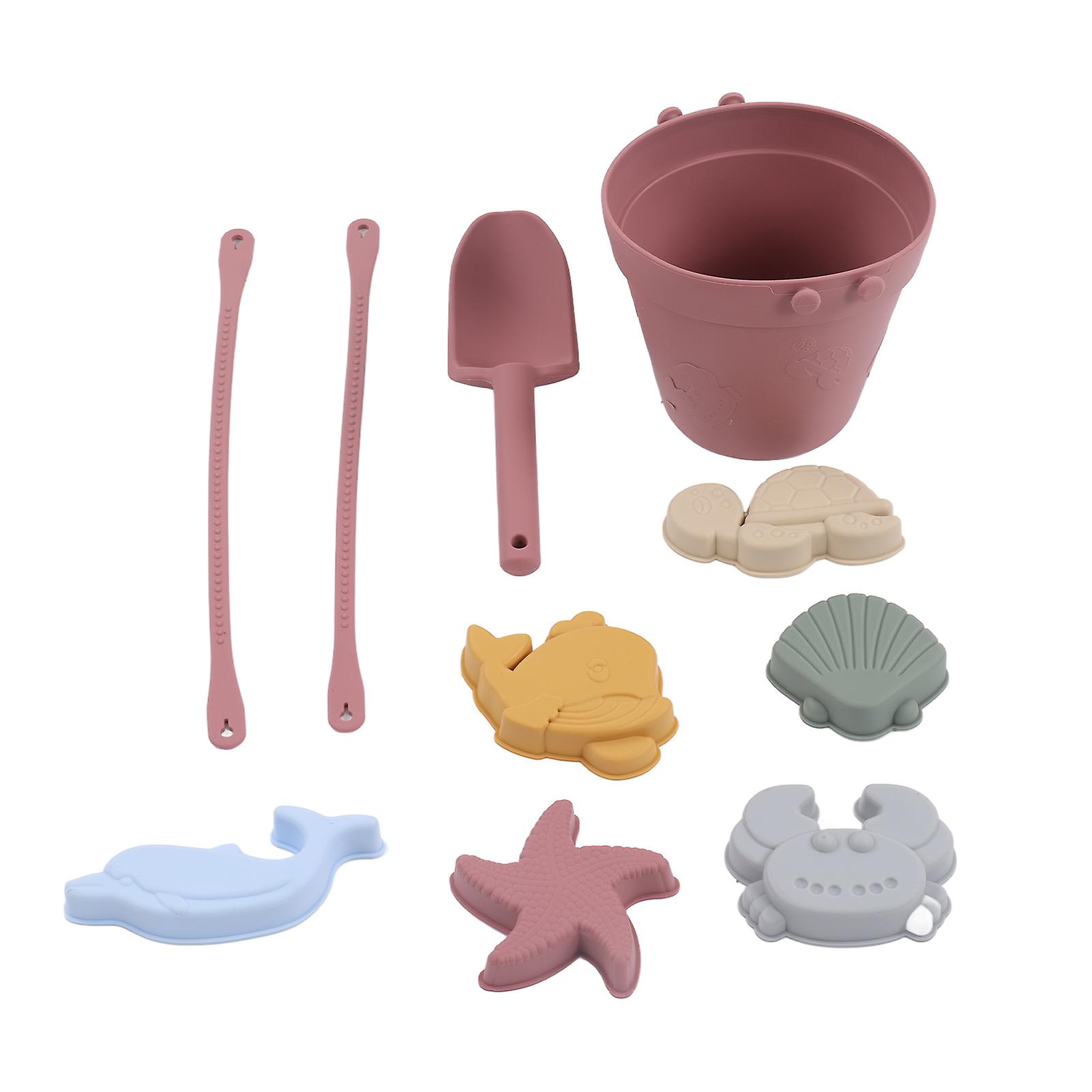 Silicone Beach Toys Baby Sand Play Toys Set Includes Silicone Bucket Animal Model Sand Shovel Stringbrick Red