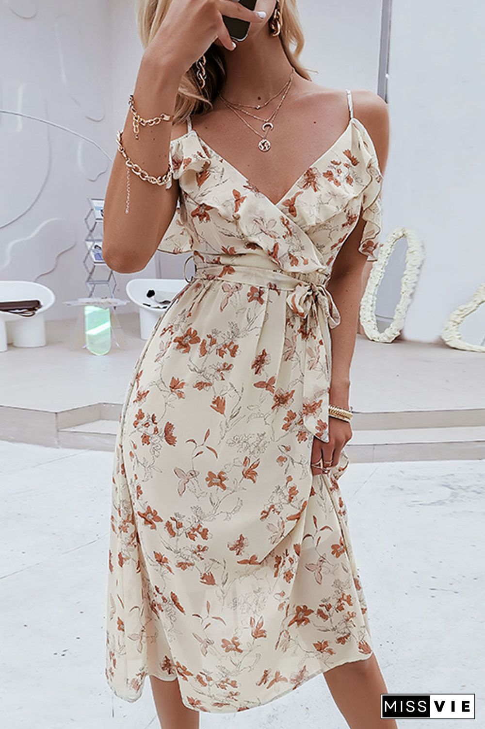 Fashion Bohemian Print Split Joint V Neck A Line Dresses