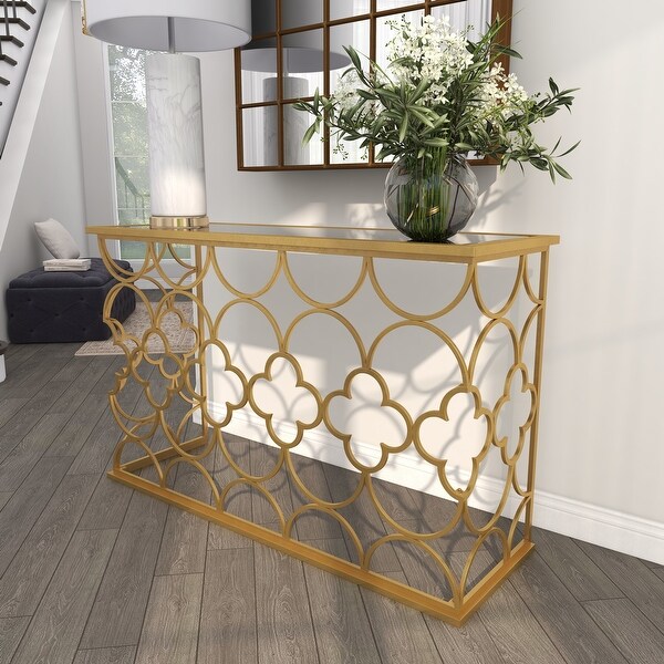 Gold Metal Quatrefoil Design Geometric with Glass Top Accent and Coffee Table Collection