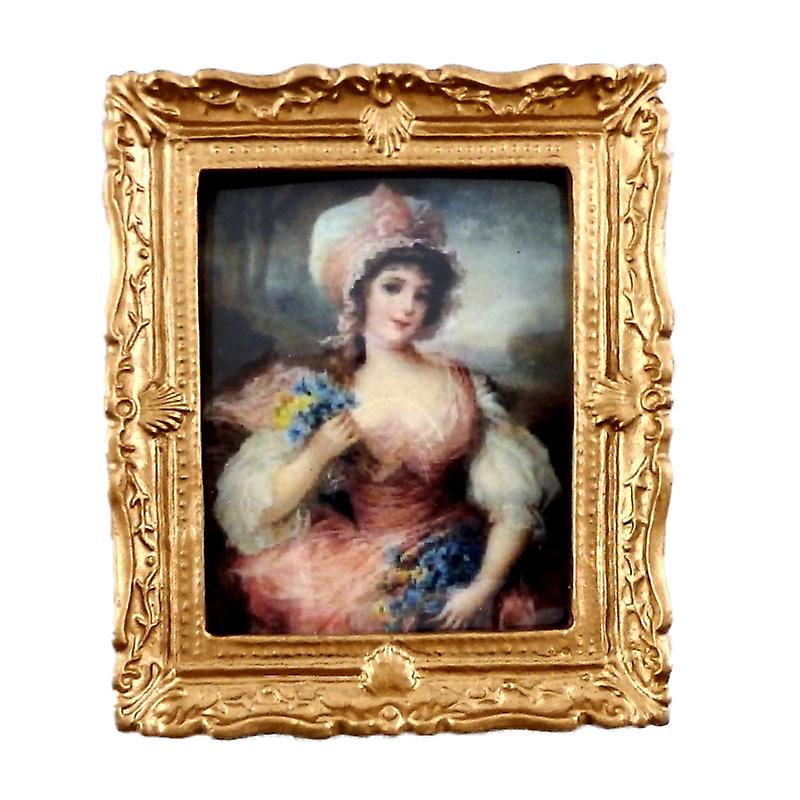 Dolls House Miniature Accessory Lady In Pink Painting Gold Frame