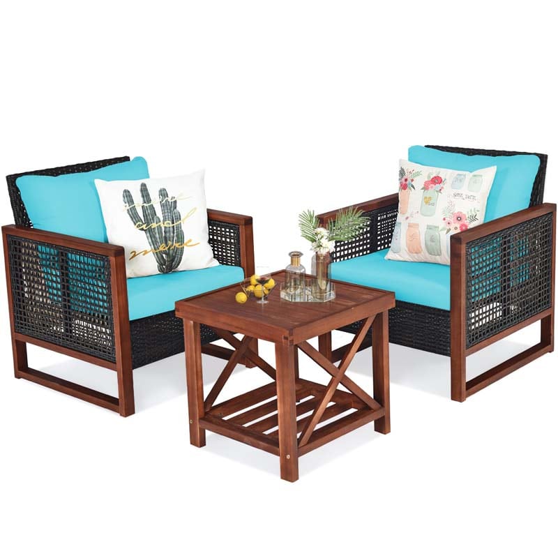 3 Pcs Rattan Patio Furniture Sofa Set Outdoor Conversation Bistro Set with Acacia Wooden Frame & Cushions