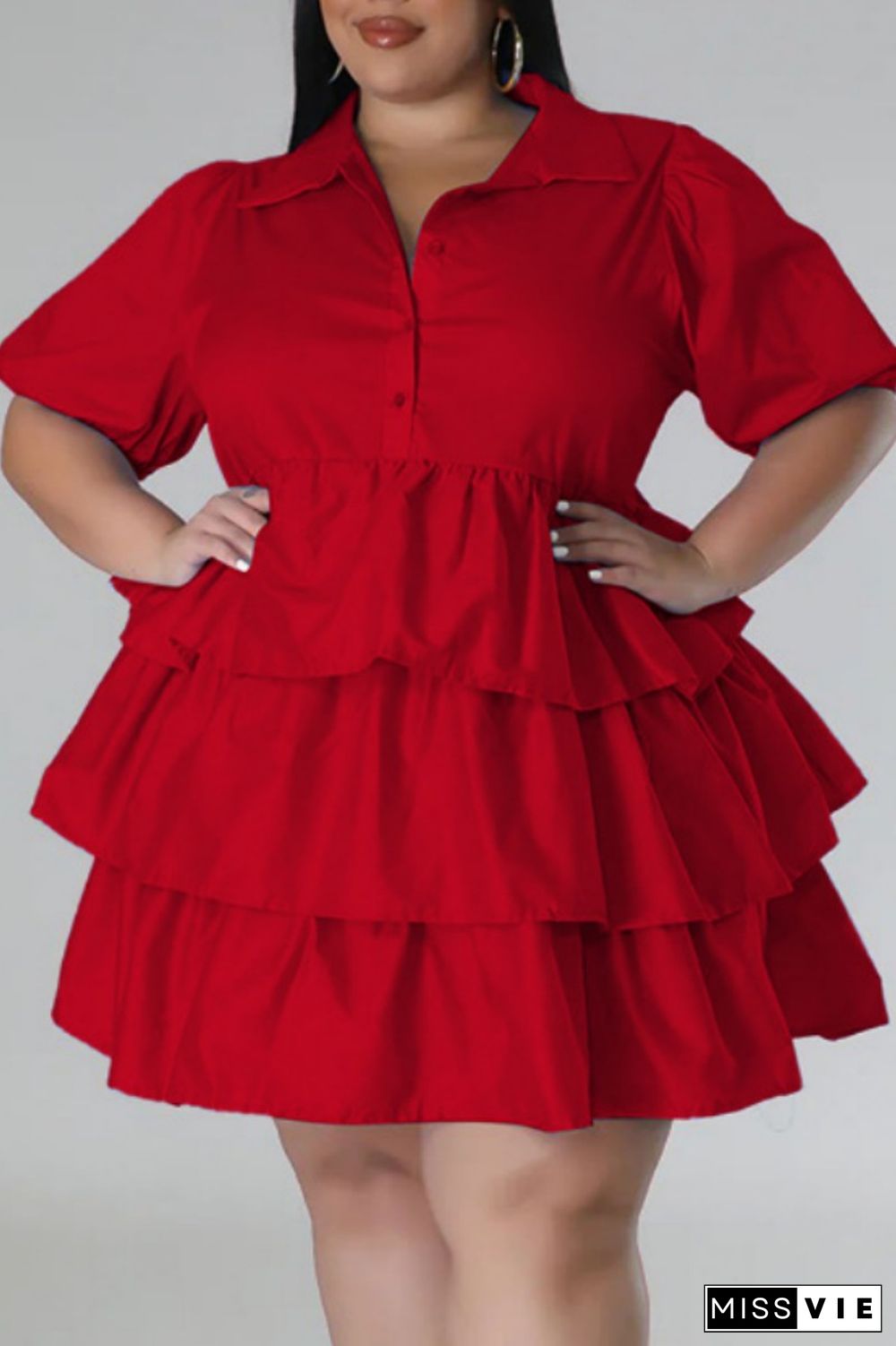 Black Casual Solid Patchwork Turndown Collar Cake Skirt Plus Size Dresses