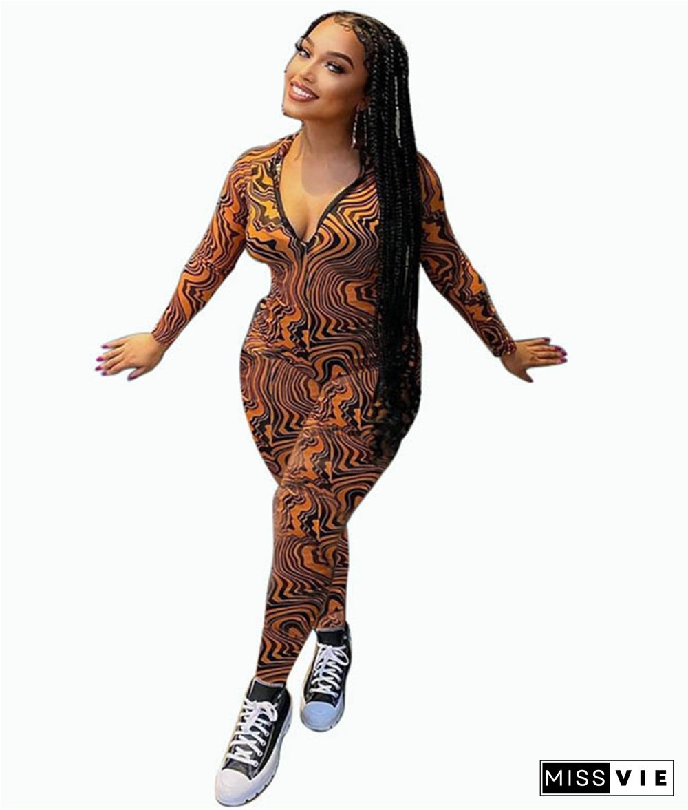 Fashion Print Full Sleeve Tight Jumpsuit