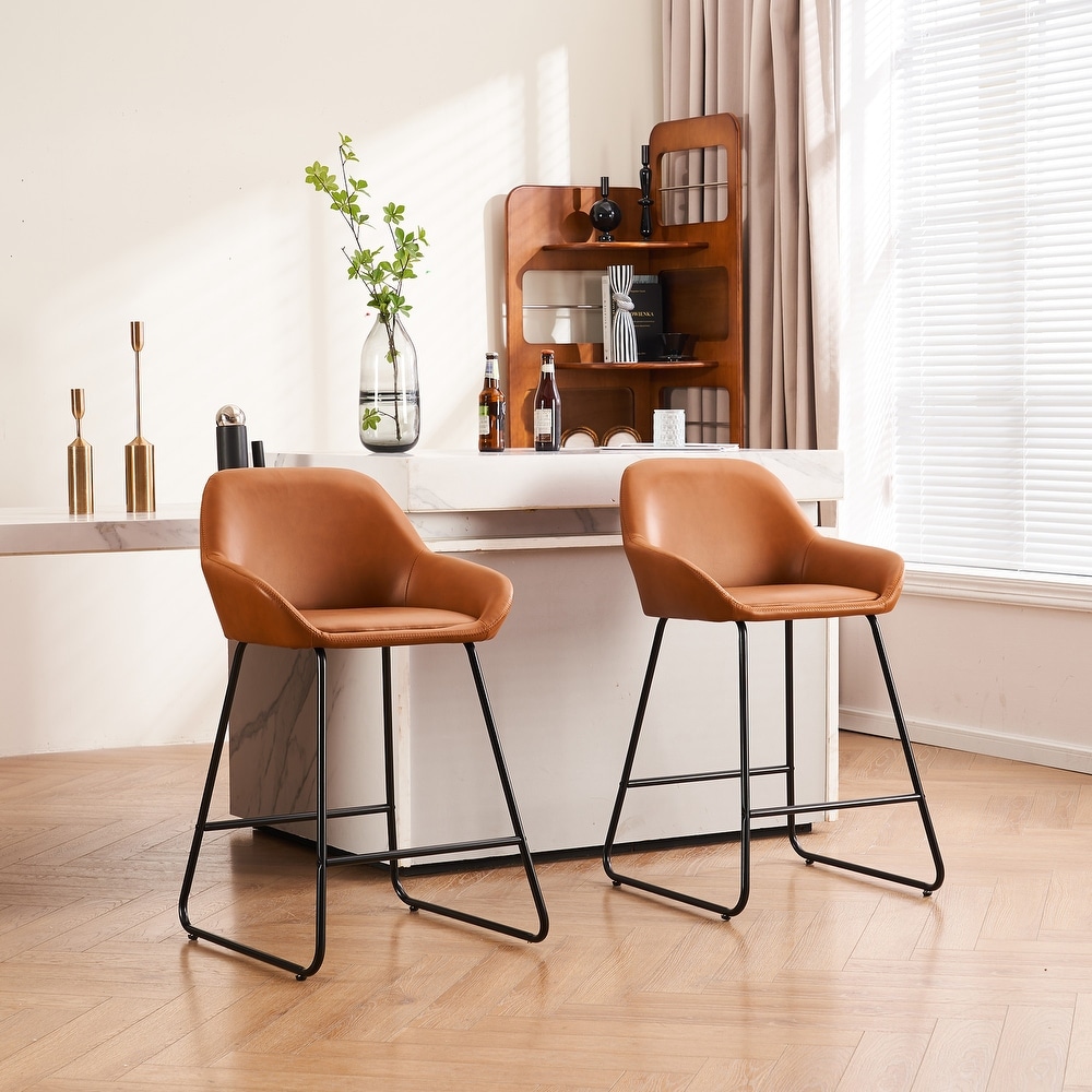 Bar Stools Set of 2  Modern Counter Height Bar Stools with Back  PU Faux Leather Bar Stools with Metal Legs and Footrest