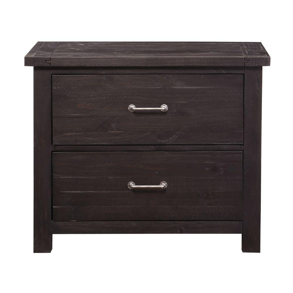 Benjara 2-Drawer Wooden File Cabinet with Metal Handle Pull in Brown Crossed Side Plank BM187809