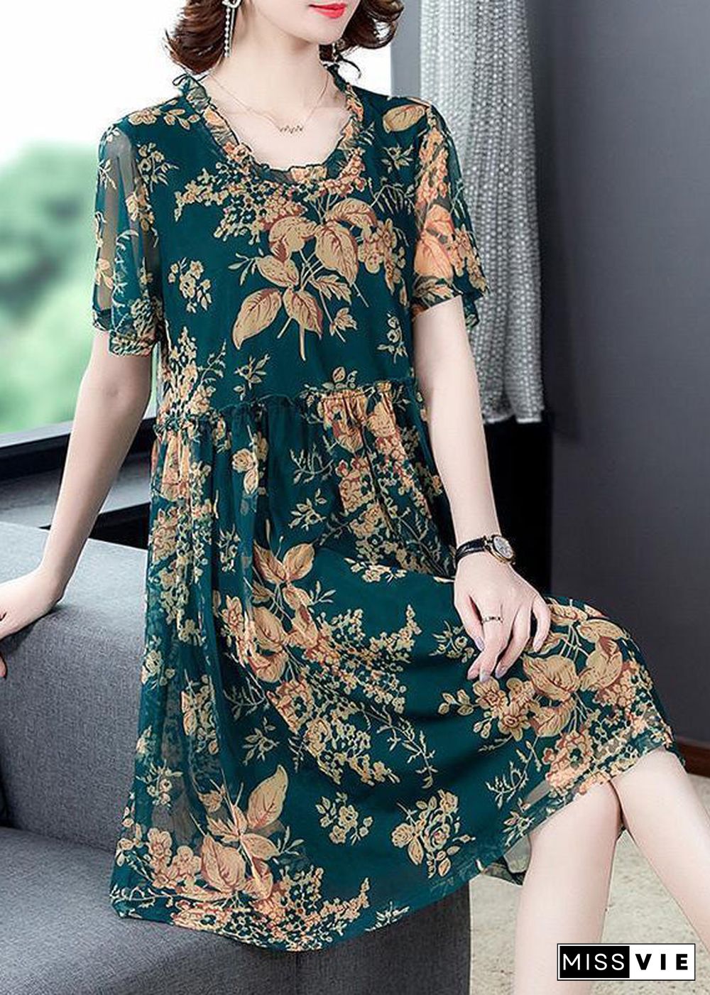 Italian Green O-Neck Print Holiday Long Dress Summer