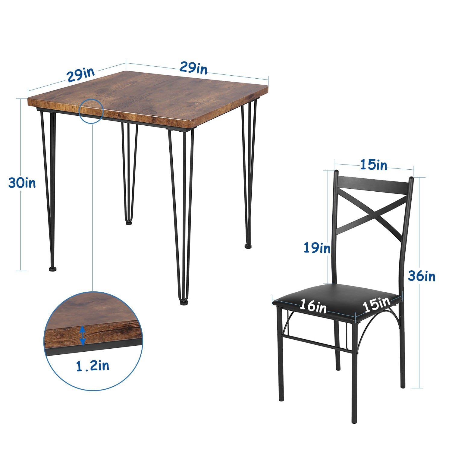 VECELO 3-Piece Dining Table Sets with 2 PU Chairs for Kitchen, Breakfast Nook, Small Space, Wooden Table and Metal Legs, Brown