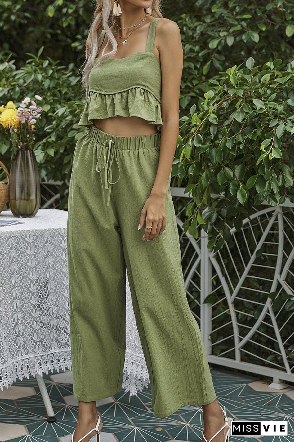 Solid Halter Crop Top & Pants 2PCS Set Wholesale