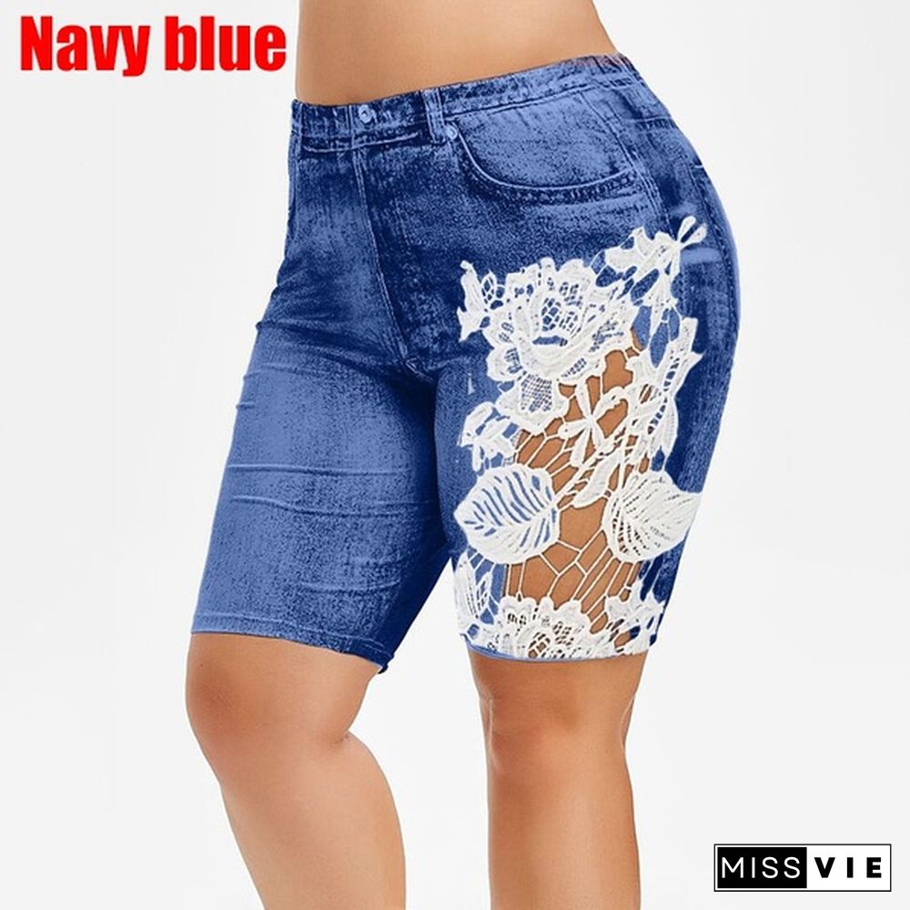 Women's Fashion Floral Print Skinny Jeans Short Lace Mesh Summer Shorts Fitted Leggings Knee Length Denim Pants Plus Size