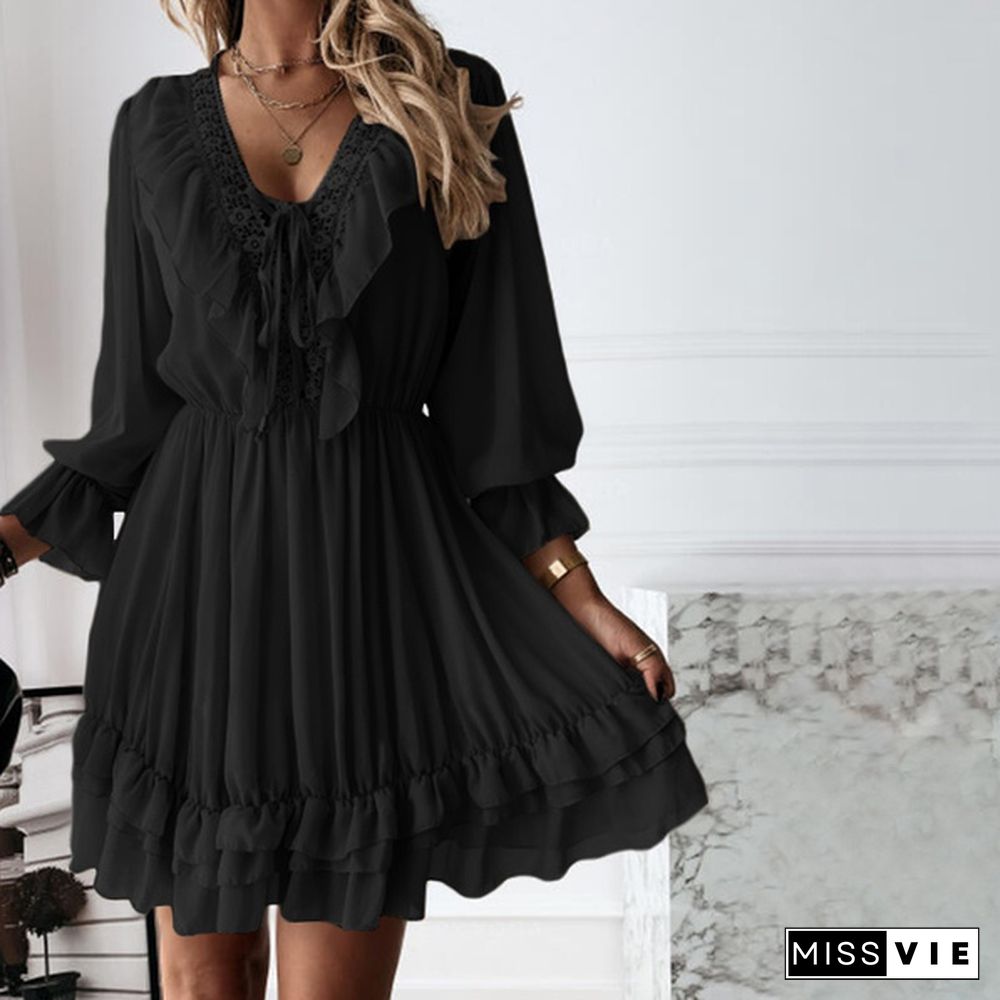 Women Long Sleeve Holiday Pleated Mini Dresses Sexy Deep V Neck Evening Party Tunic Dress Vestidos Plus Size