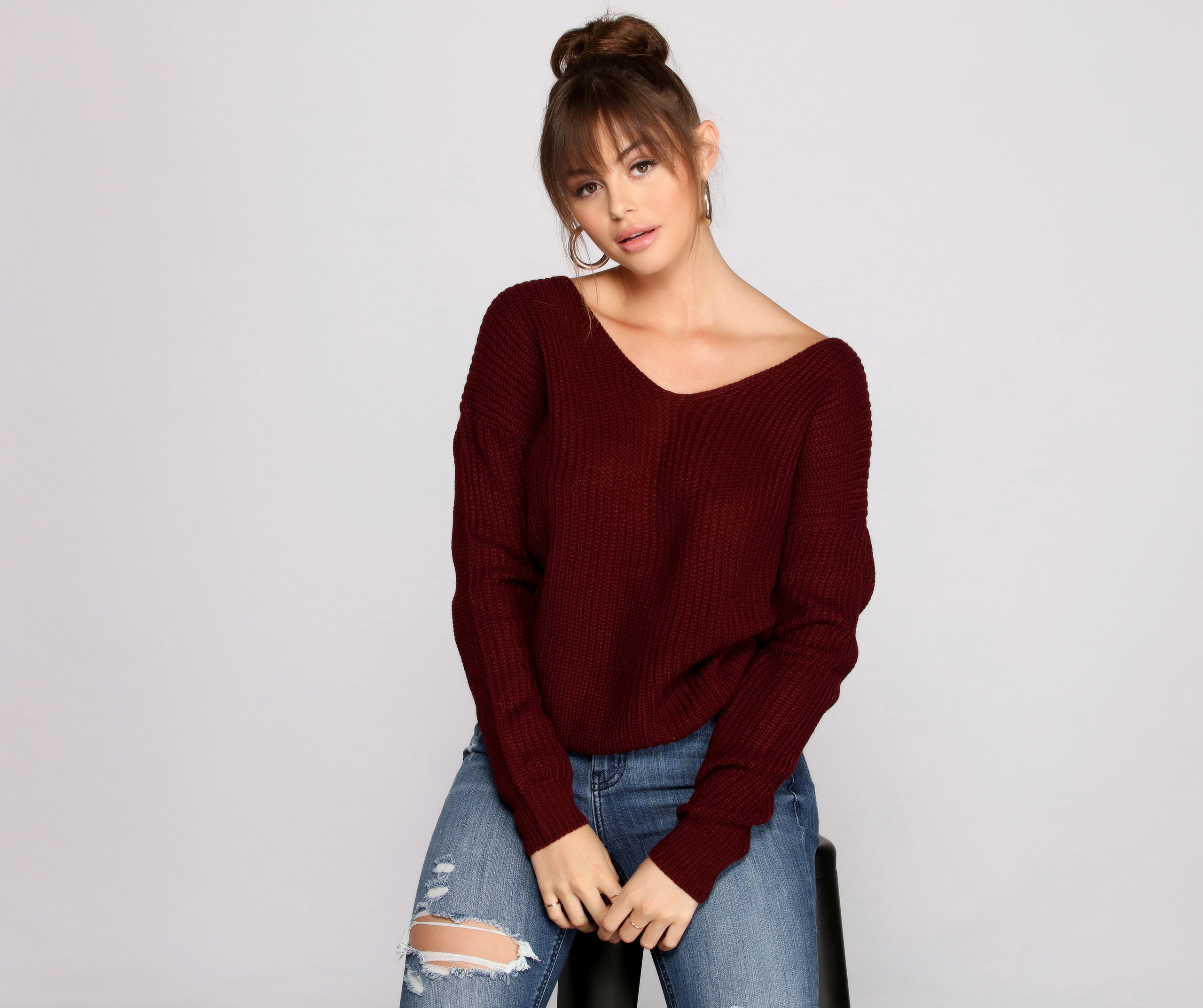 Trendy Knot Back V Neck Sweater