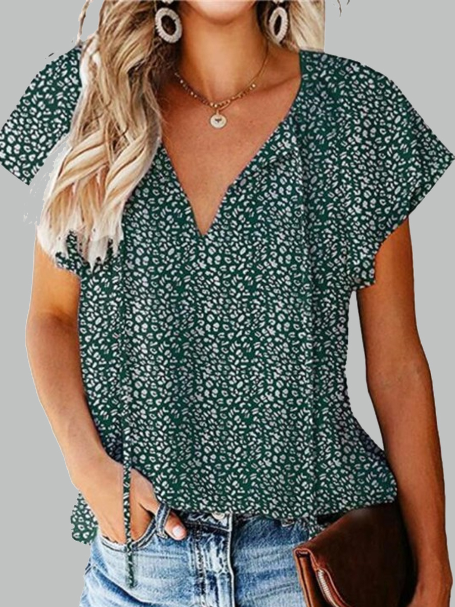 Floral Casual V-Neck Loose Short Sleeve Blouse