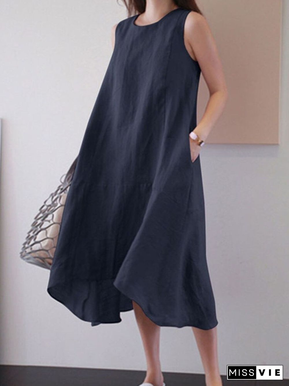 Solid Color Loose Casual Dress Women Summer Fashion Sleeveless O Neck Tank Top Dress Ladies Casual Cotton Linen Pocket Dresses