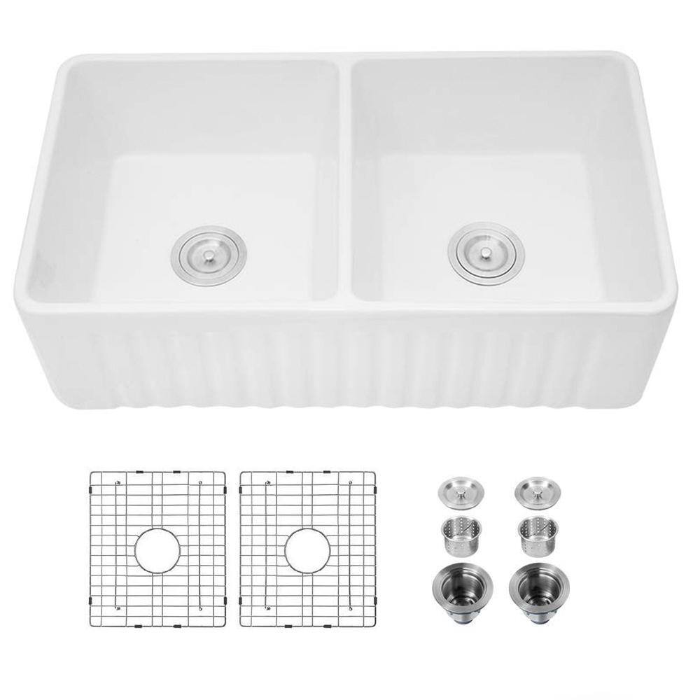 YASINU YSNSINK CPRO White Fireclay 33 in. x 20 in. 5050 Double Bowl Farmhouse Apron Kitchen Sink with Grid and Strainer YNCAD8229WH