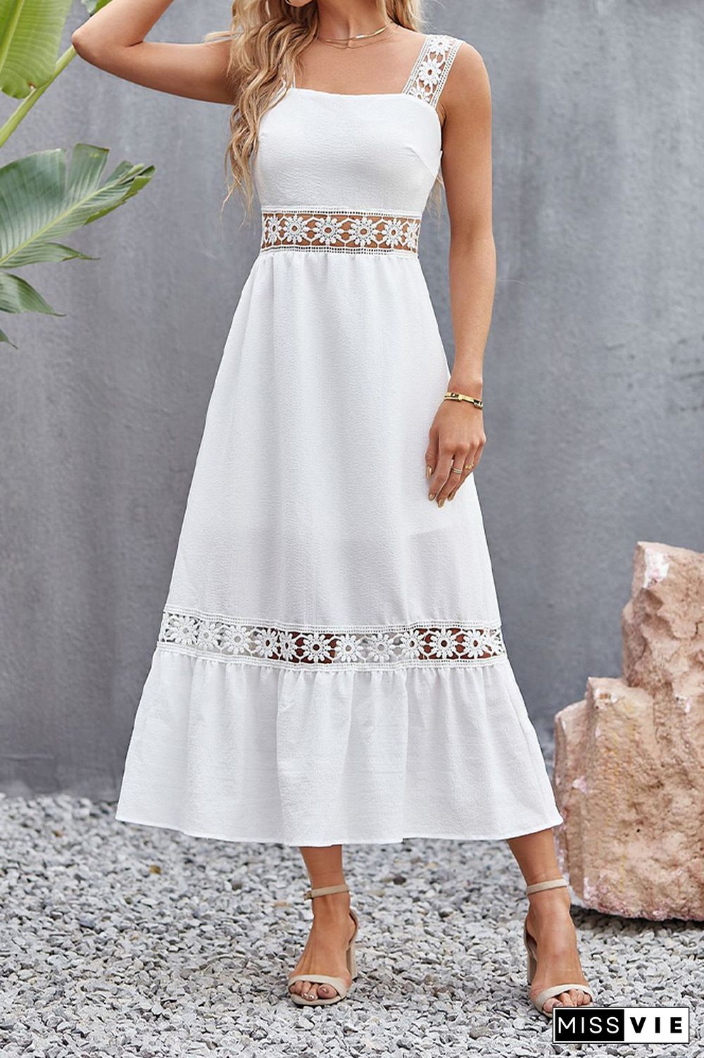 Lace Strap Square Neck Hollow Out Waist Maxi Dress