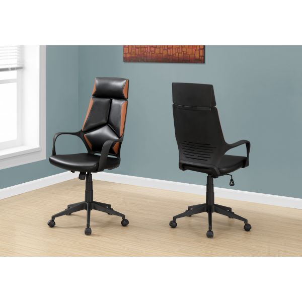 Office Chair， Adjustable Height， Swivel， Ergonomic， Armrests， Computer Desk， Work， Black And Brown Leather Look， Black Metal， Contemporary， Modern