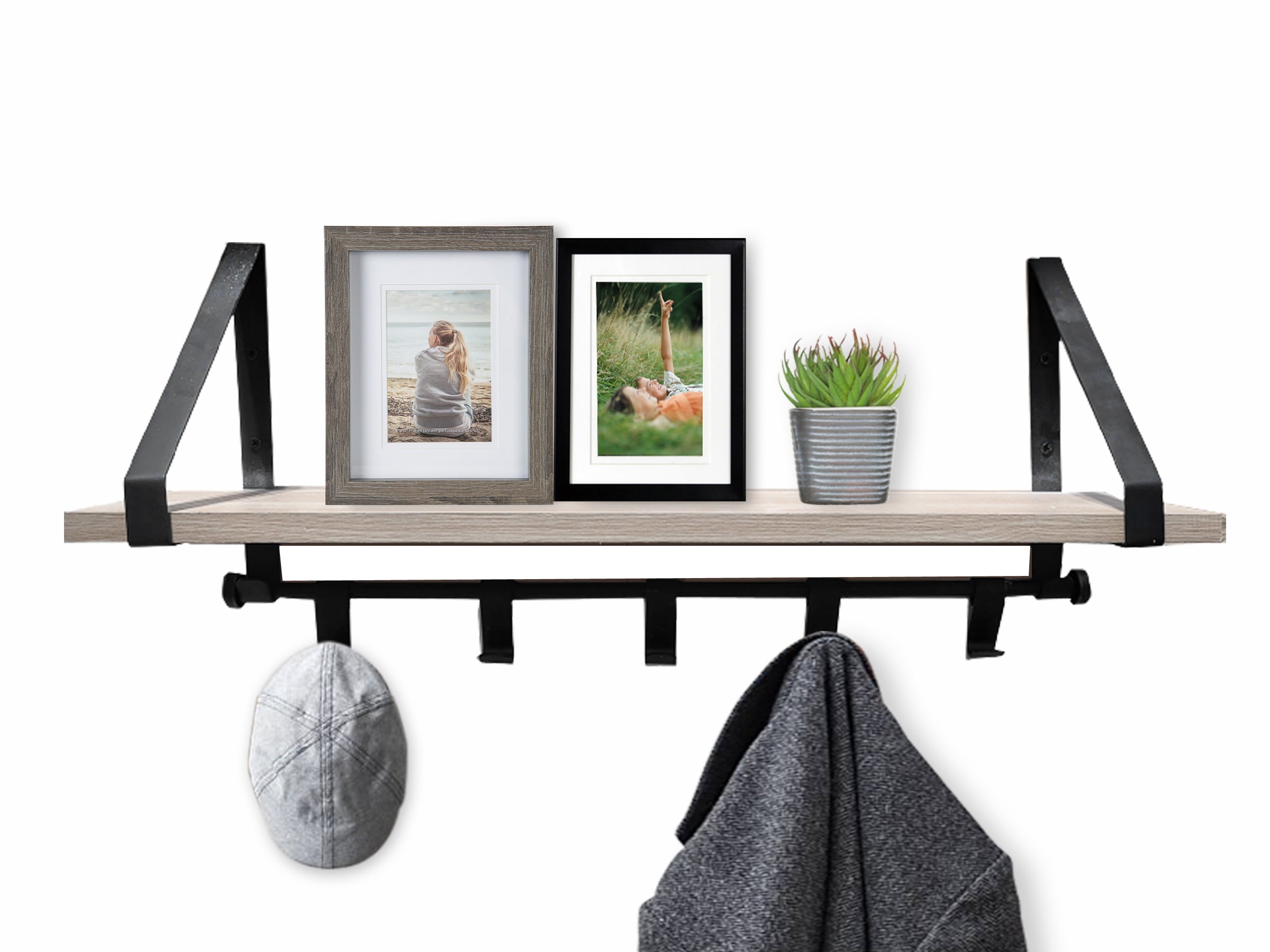 Better Homes & Gardens 23-inch Lightwood and Black Finish Shelf with Brackets and Hooks