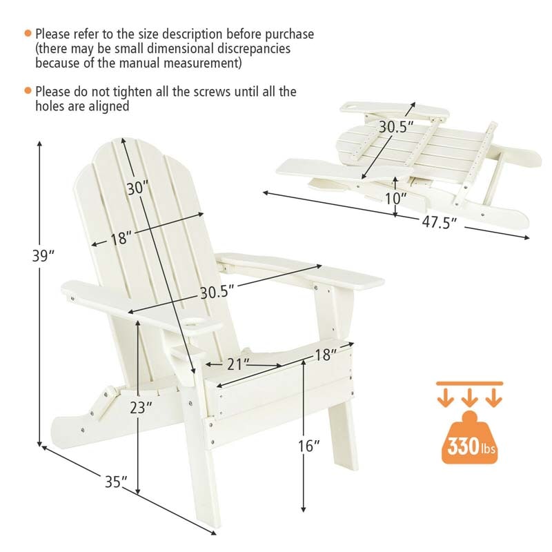 2-Pack Folding Adirondack Chairs with Built-in Cup Holder, PE Weather Resistant Outdoor Patio Folding Chairs