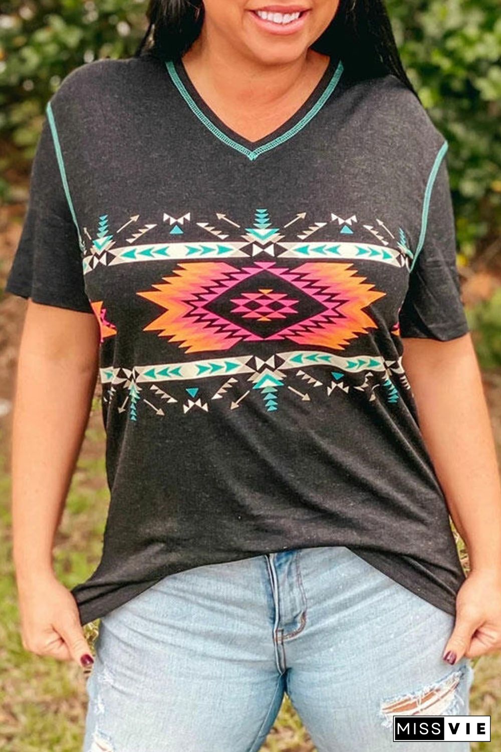 Gray Aztec Geometric Print V Neck Tee