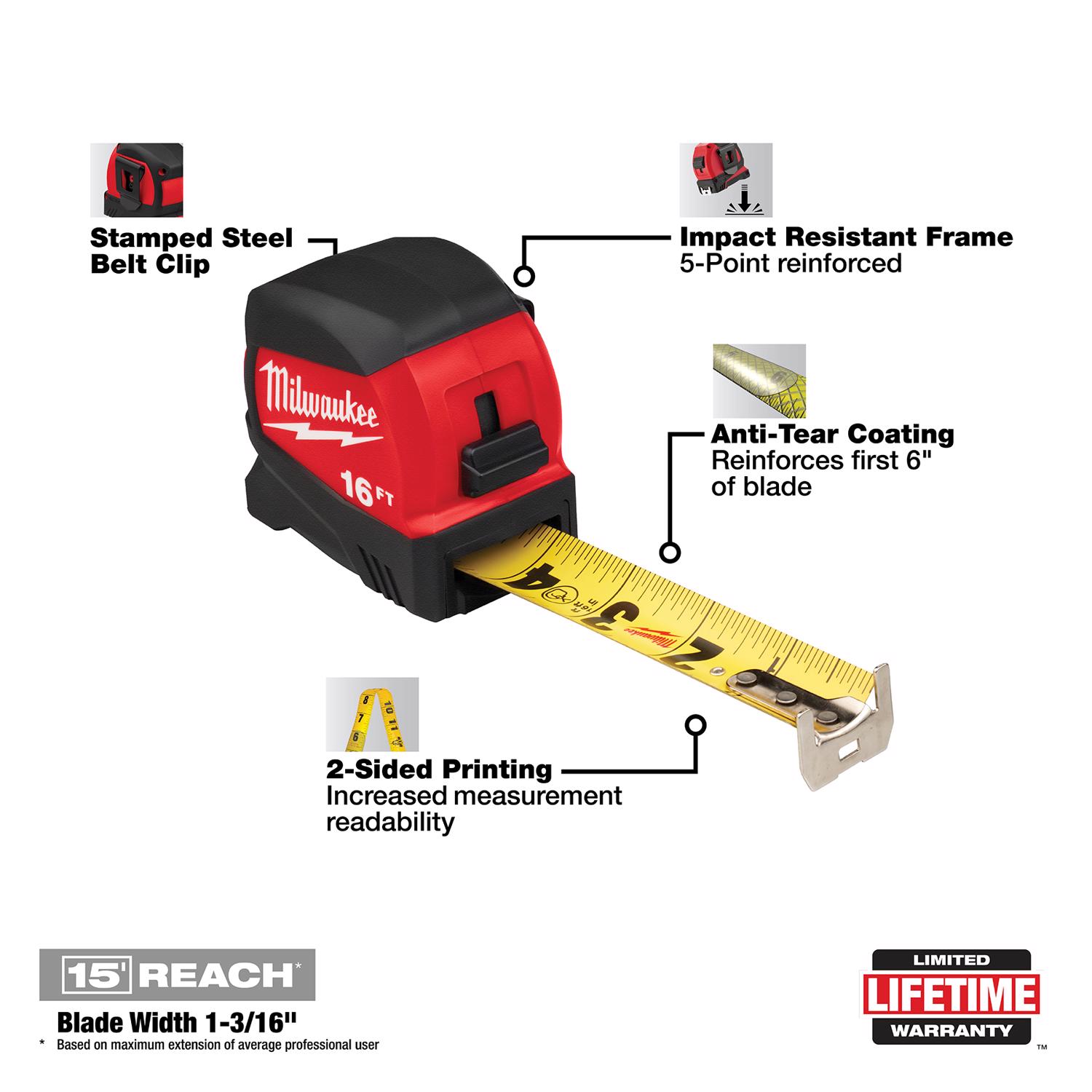 Milwaukee 16 ft. L X 1-1/8 in. W Compact Wide Blade Tape Measure 1 pk