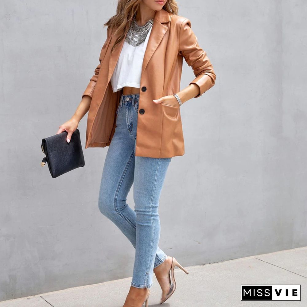 Casual Fashion Solid Color Commute Leather Jackets Ladies Elegant New Bright Cardigan Coats Women Lapel Pocket Button Suit Coat