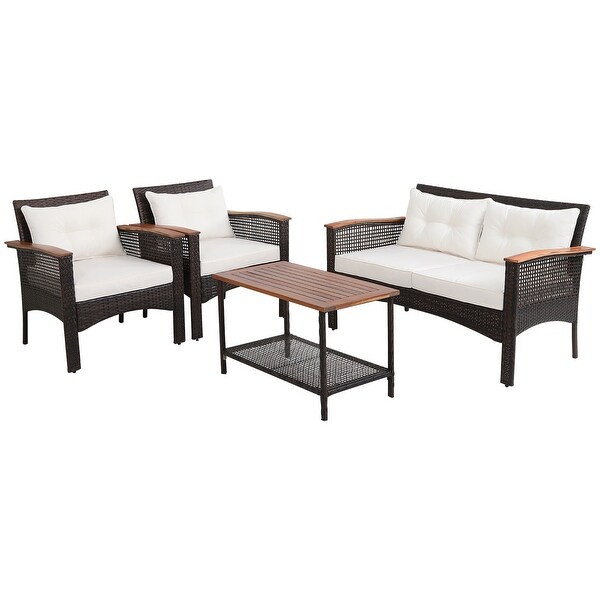 4PCS Patio Rattan Acacia Wood Furniture Set Cushion Sofa Armrest Deck