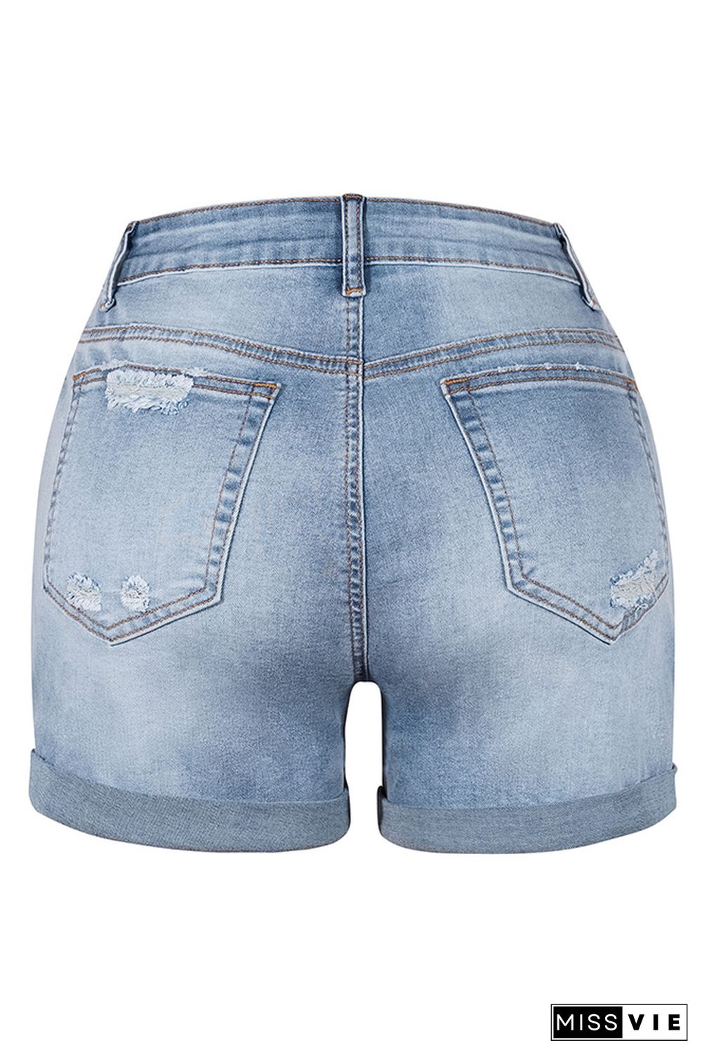 Blue Folded Hem Ripped Denim Shorts