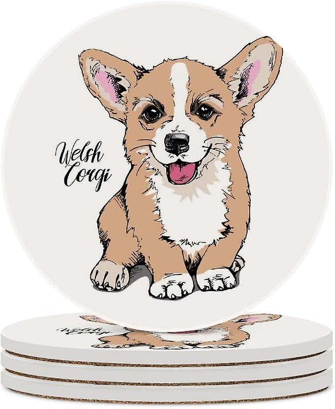 6pcs Round Cute Welsh Corgi Puppy Ceramic Coasters With Cork-backed For Coffee Drink Cup Mat Absorbent Stone Coasters