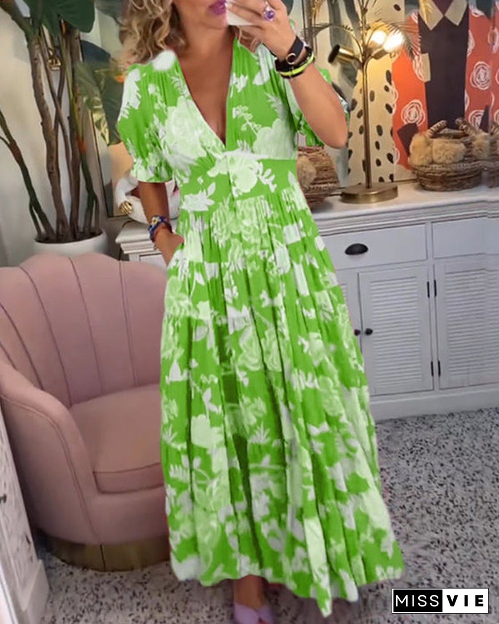 Popular Short Sleeve Print Maxi Dress