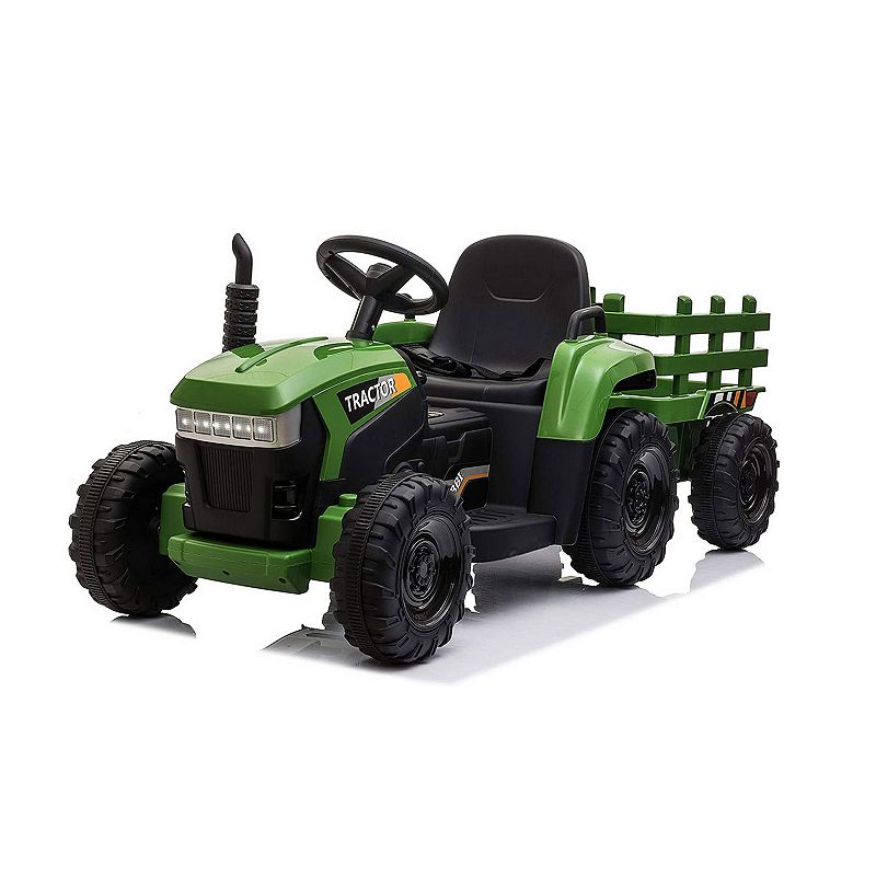 TOBBI 12 Volt Battery Operated Toy Tractor with Pull Behind Trailer， Dark Green