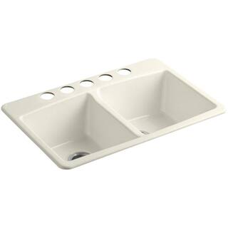 KOHLER Brookfield Undermount Cast-Iron 33 in. 5-Hole Double Bowl Kitchen Sink in Biscuit K-5846-5U-96