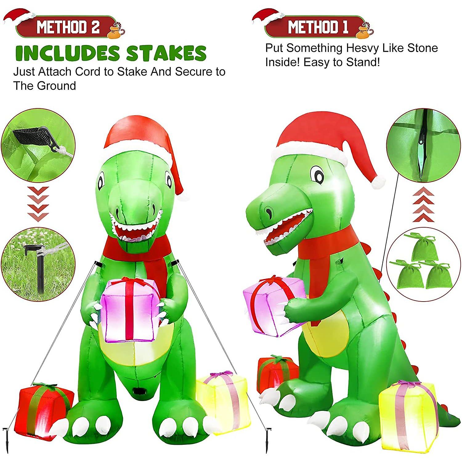 Christmas Inflatable Decoration 6ft Cute Dinosaur Give Gifts， Blow Up Christmas Dinosaur Inflatable With Build-in Leds For Xmas Party Indoor， Outdoor，