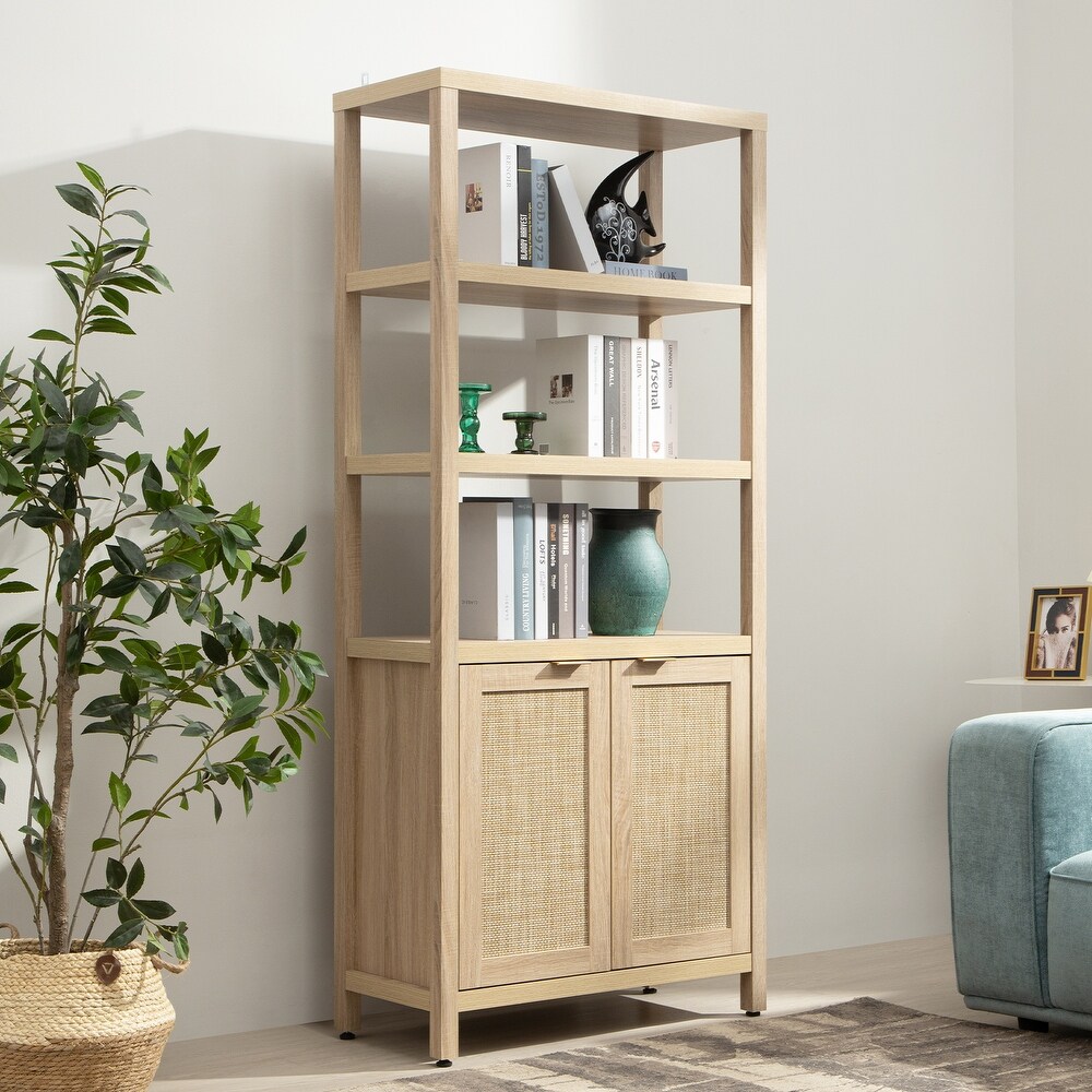 SICOTAS 5 Tier Adjustable Bookshelf with Rattan Storage Cabinet