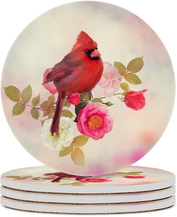 1pc Round Cardinal In The Rose Garden Ceramic Coasters With Cork-backed For Coffee Drink Cup Mat Absorbent Stone Coasters