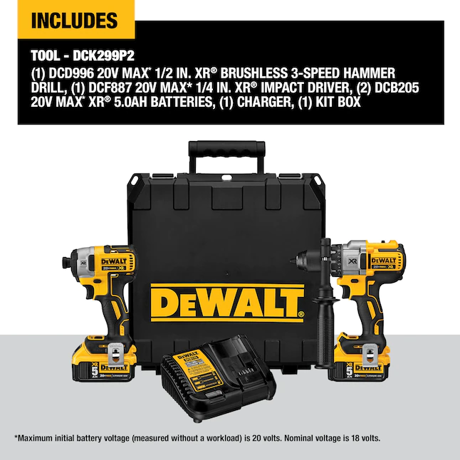 DEWALT DCK299P2 20-Volt MAX XR Cordless Brushless Hammer Drill/Impact Combo Kit (2-Tool) with (2) 20-Volt 5.0Ah Batteries and Charger