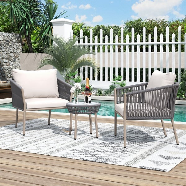 3 PCS Outdoor Rattan Conversation Set， Light Luxury Simple Woven Rope Outdoor Chair Set with 2 Single Chairs and Coffee Table - Overstock - 37780025