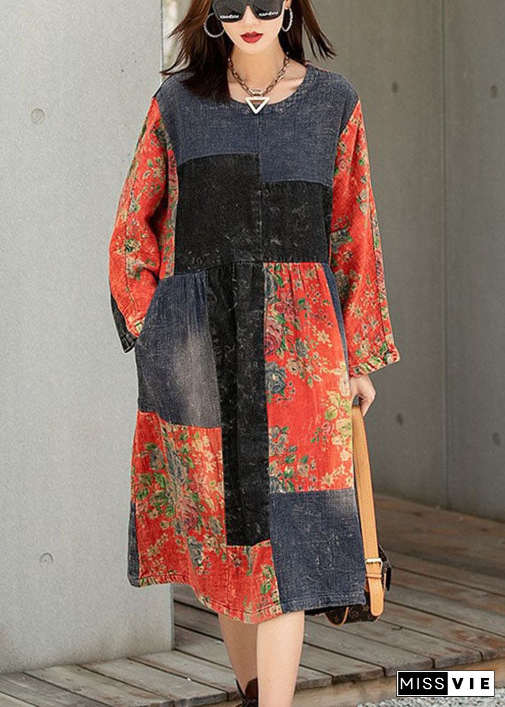 Classy Colorblock Print Patchwork Pockets Fall Maxi Dresses Half Sleeve