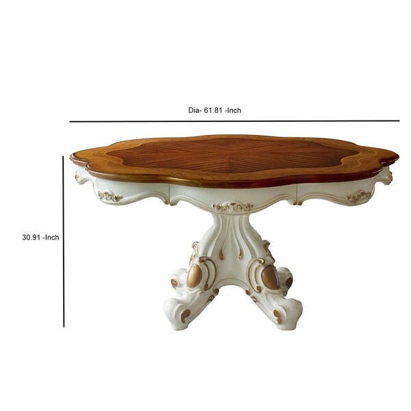 Wooden Top Dining Table with Pedestal Feet， Antique Pearl and Cherry Oak