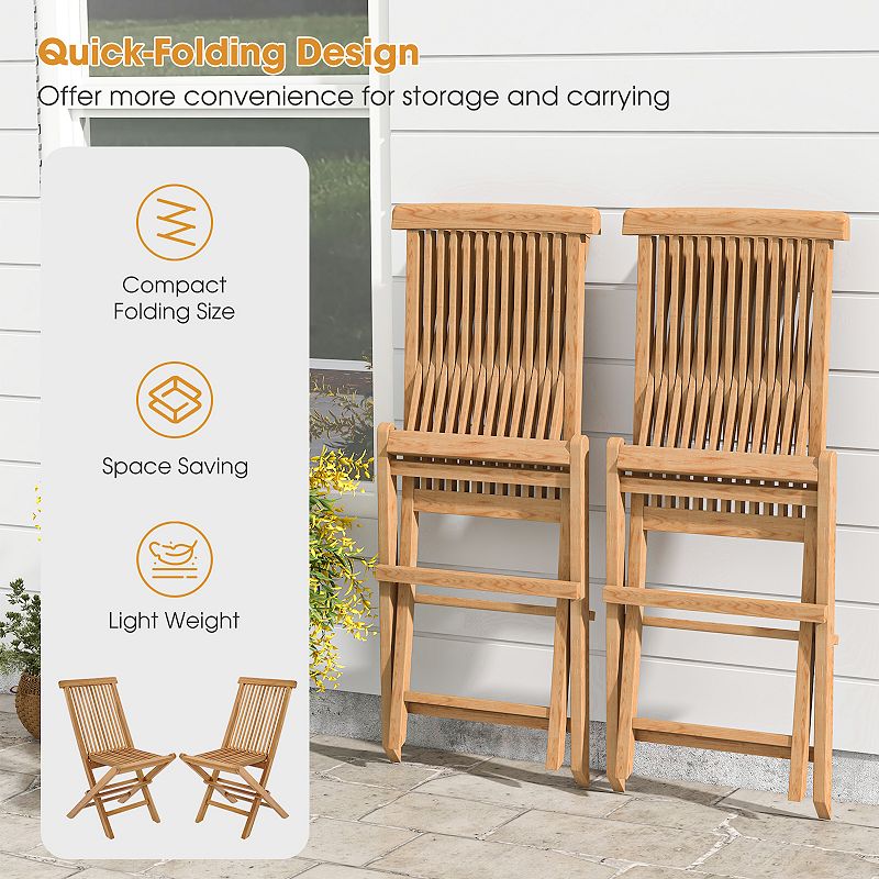 Set Of 2 Teak Patio Folding Chairs With High Back And Slatted Seat