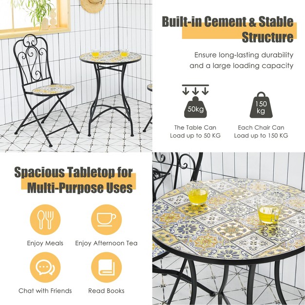 Tangkula 2pcs Outdoor Mosaic Folding Bistro Chairs Patio Chairs With Ceramic Tiles Seat And Exquisite Floral Pattern Yellow Seat