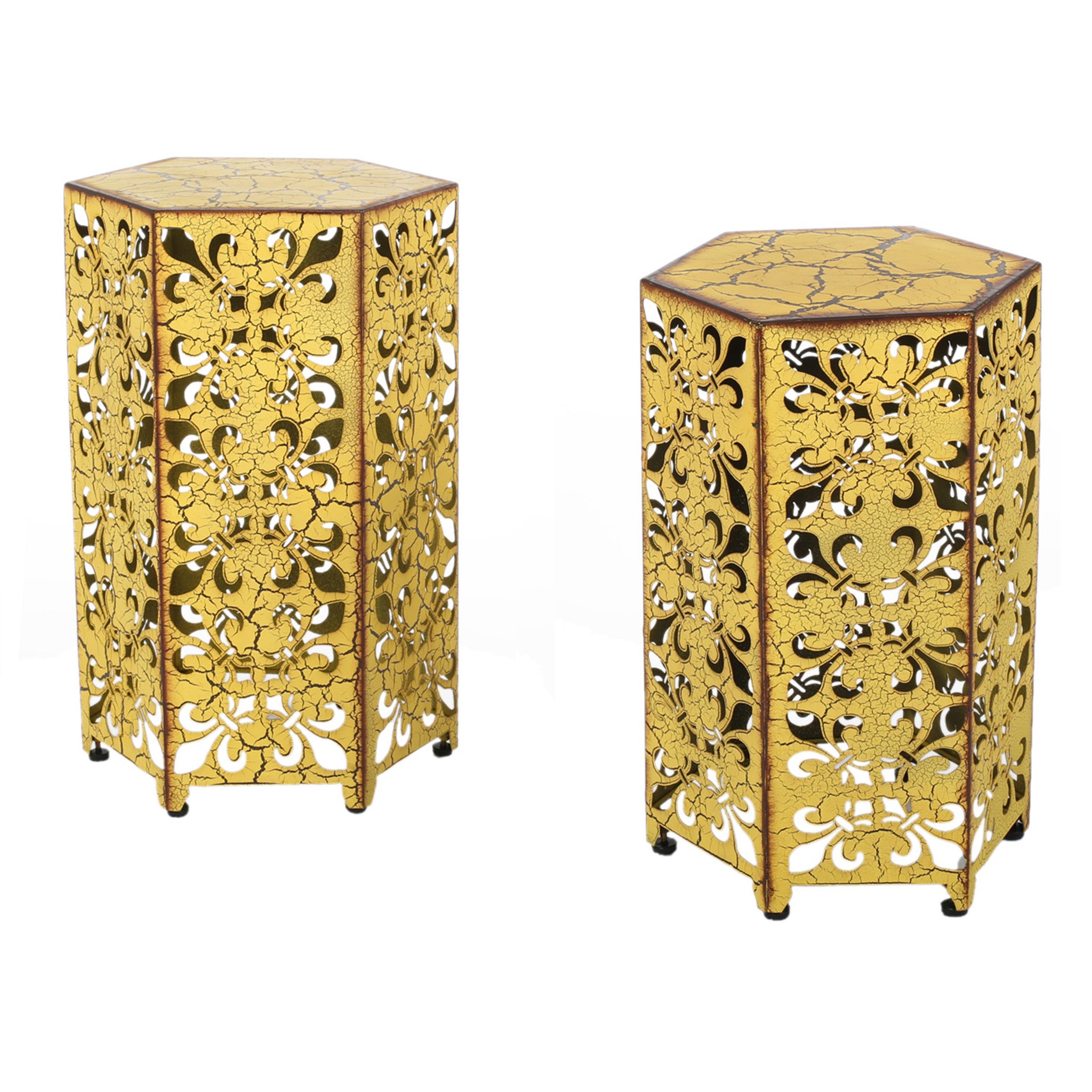 Contemporary Outdoor Hexagonal Antique Yellow Iron Accent Tables (Set of 2)