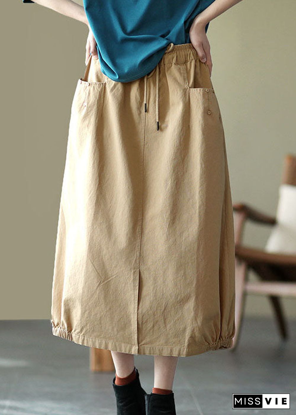 Beautiful Khaki Elastic Waist Pockets open Fall Skirts