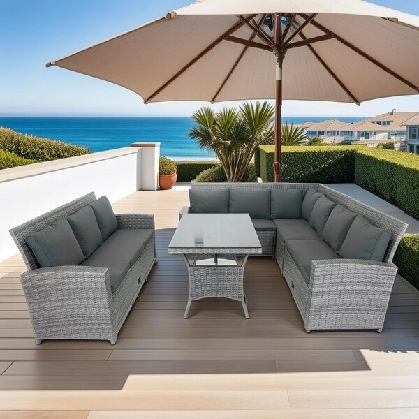 Grey Wicker 5piece Patio Outdoor Conversation Sectional Set with 3 UnderSeat Storage Compartments，Cushions