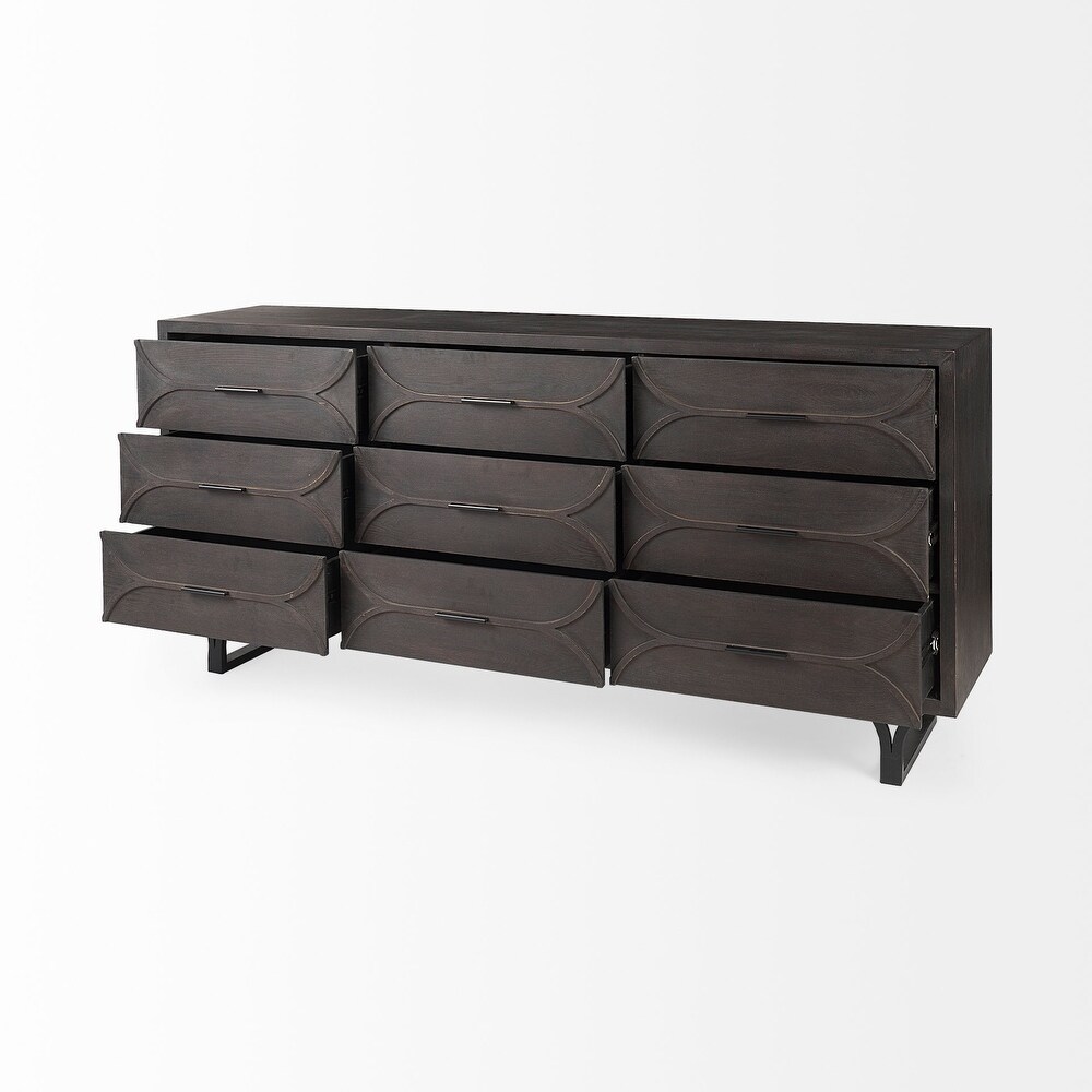 Giselle II Brown Fir Veneer w/ Black Metal Leg 9 Drawer Sideboard   70.1L x 15.9W x 31.9H