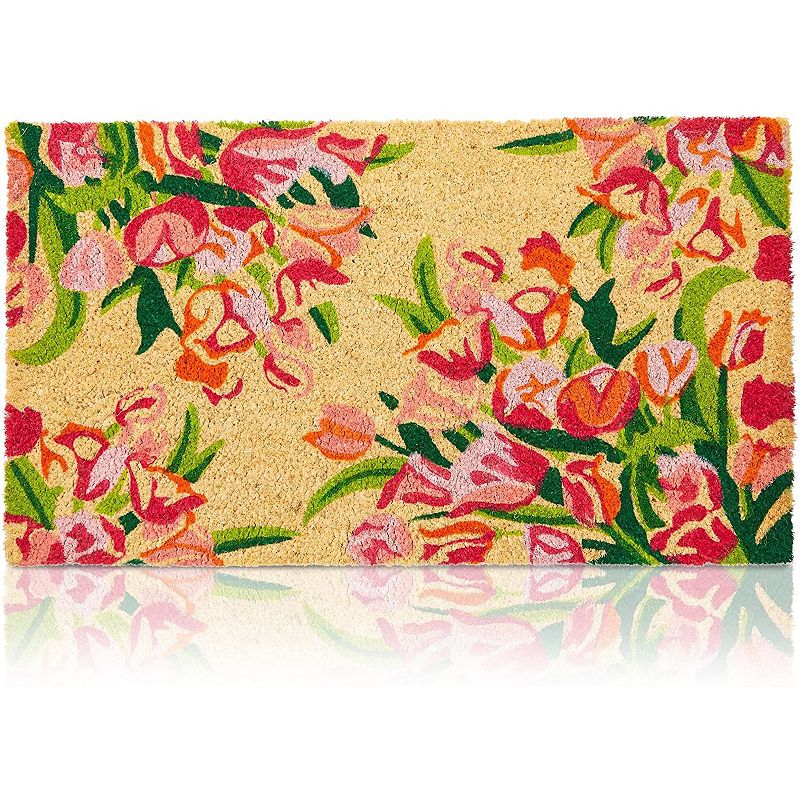 Floral Natural Coir Nonslip Welcome Door Mat (Pink， Orange， Green， 17 x 30 in)