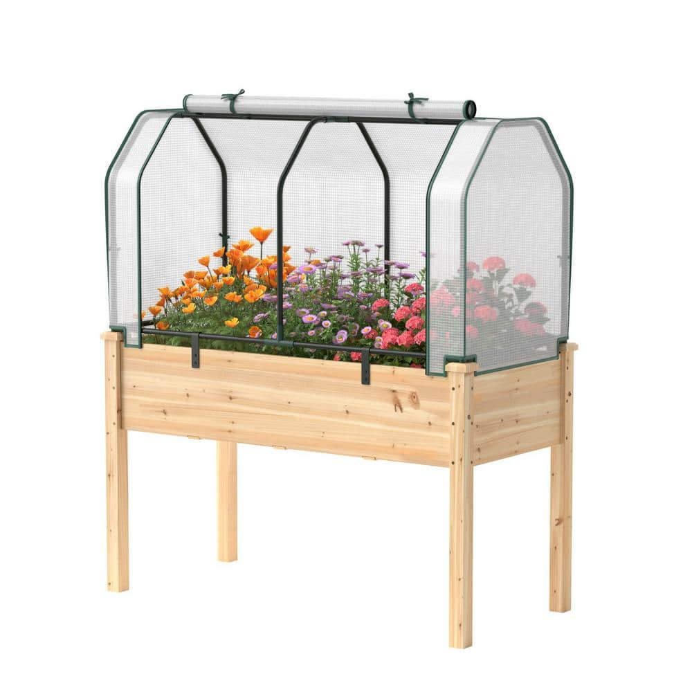 Costway Wood Raised Garden Bed with Dual Zipper Door Greenhouse for Patios and Backyards Natural GT3962+GT3529