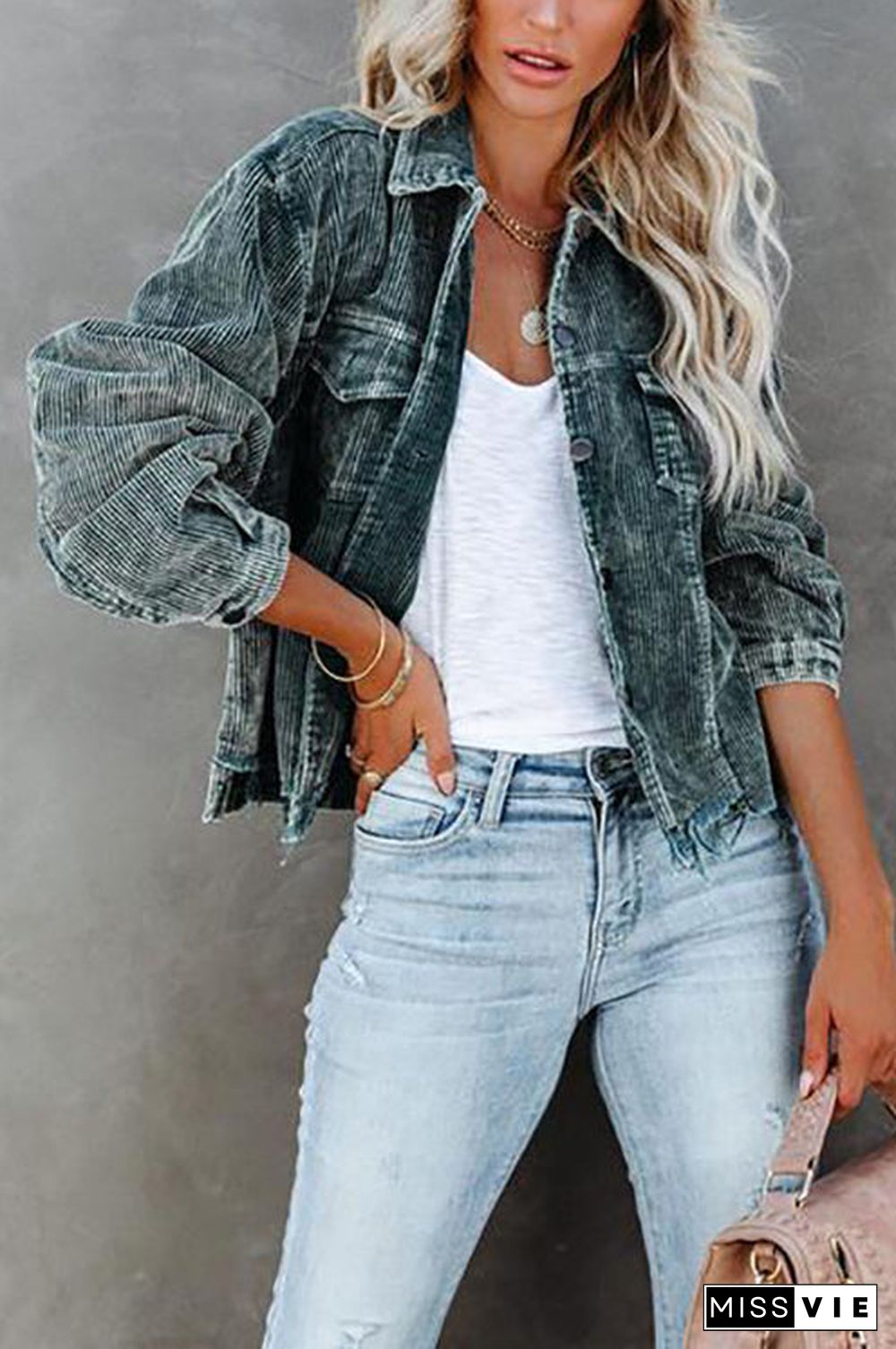 Frayed Hem Cropped Corduroy Jacket