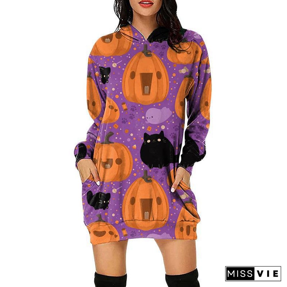 Casual Long Sleeve Graphic Print Hoodie Sweatshirt Mini Dress