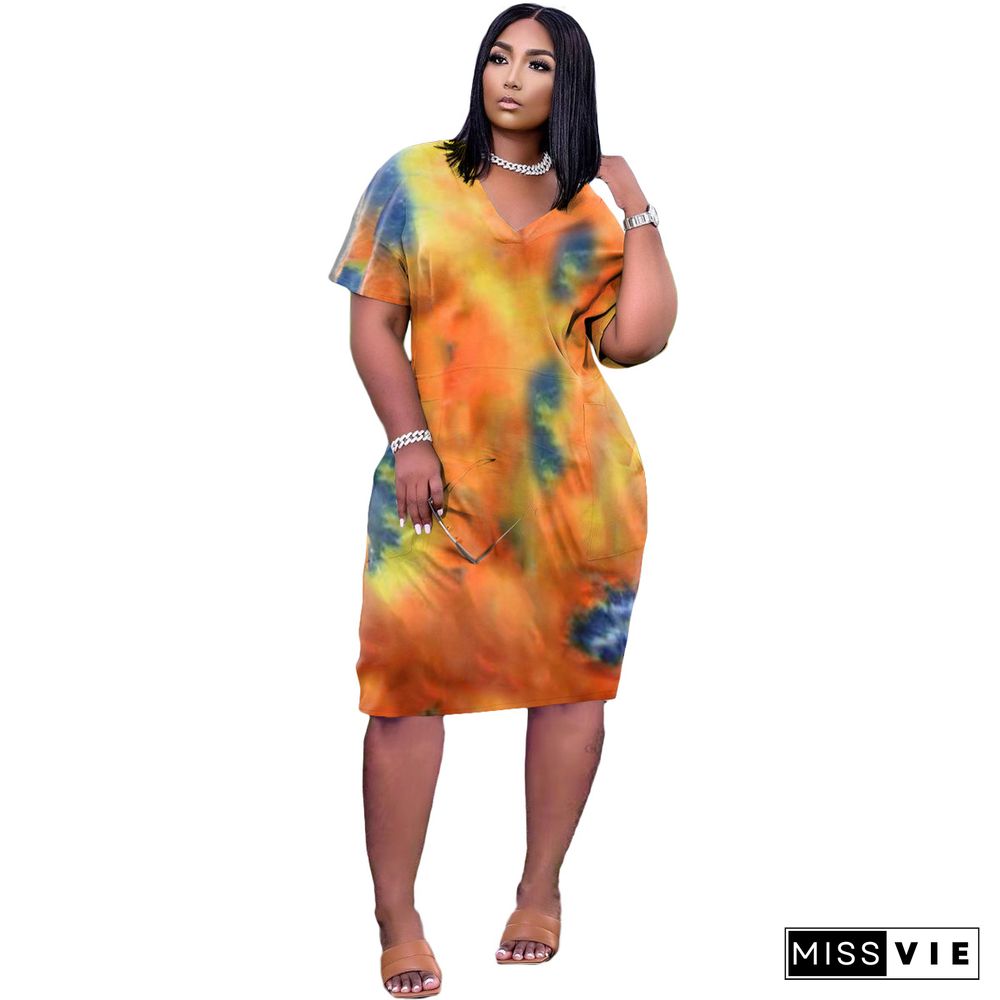 Women Tie Dye Print Short Sleeve V-neck Loose-fitting Midi Dress